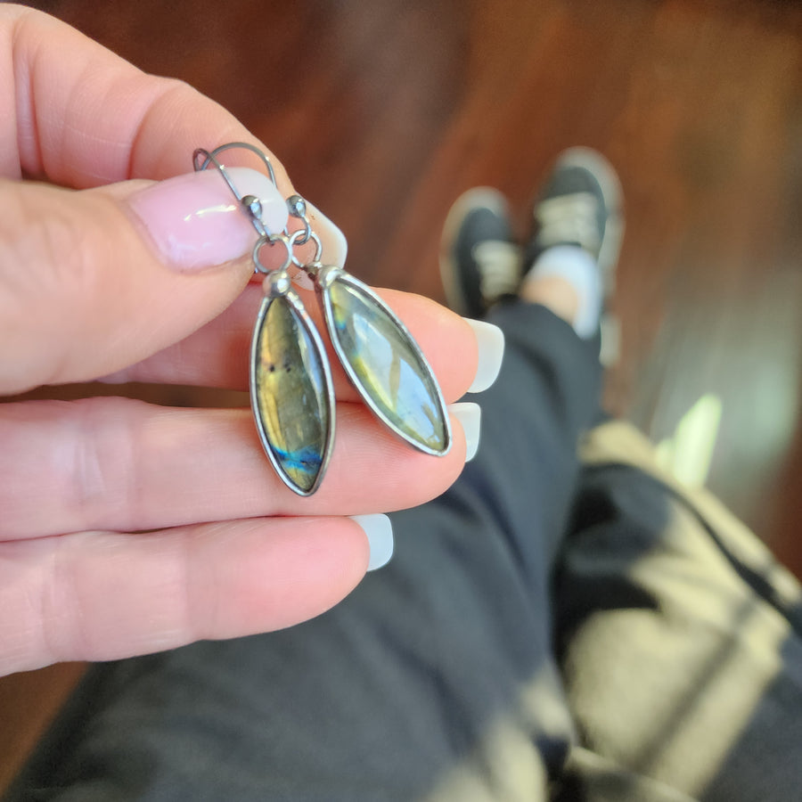 Labradorite Earrings, Marquise Shape, Gold & Green Flash