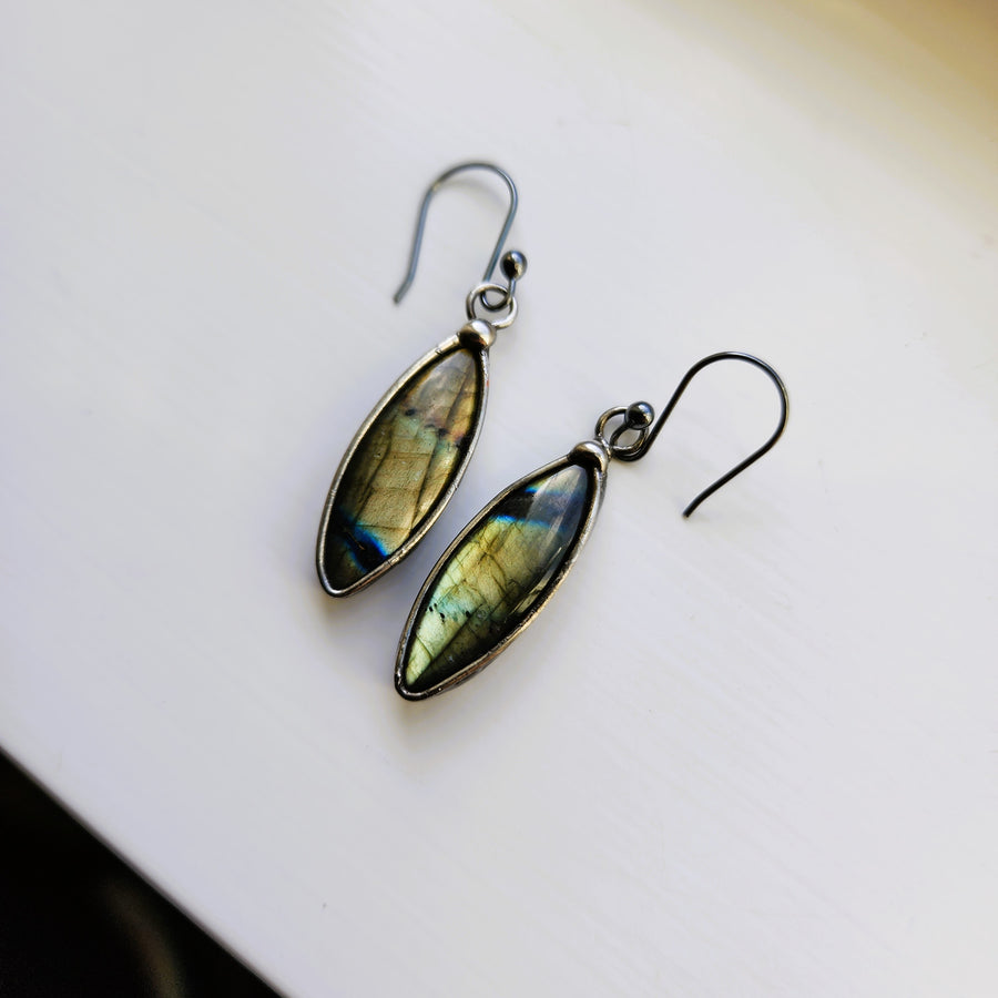 Labradorite Earrings, Marquise Shape, Gold & Green Flash