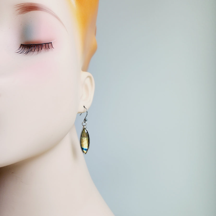 Labradorite Earrings, Marquise Shape, Gold & Green Flash