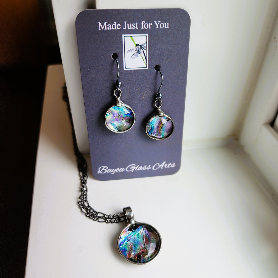 Colorful Fused Glass Pendant and Earrings Set - SOLD