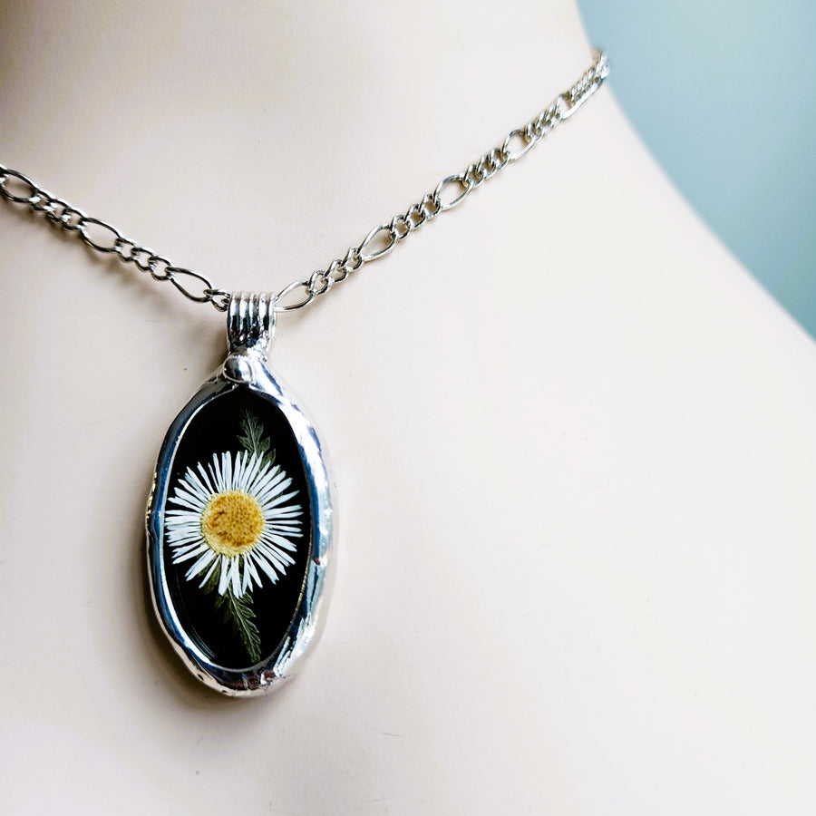 SOLD - Black Stained Glass with Tiny Daisy Pendant