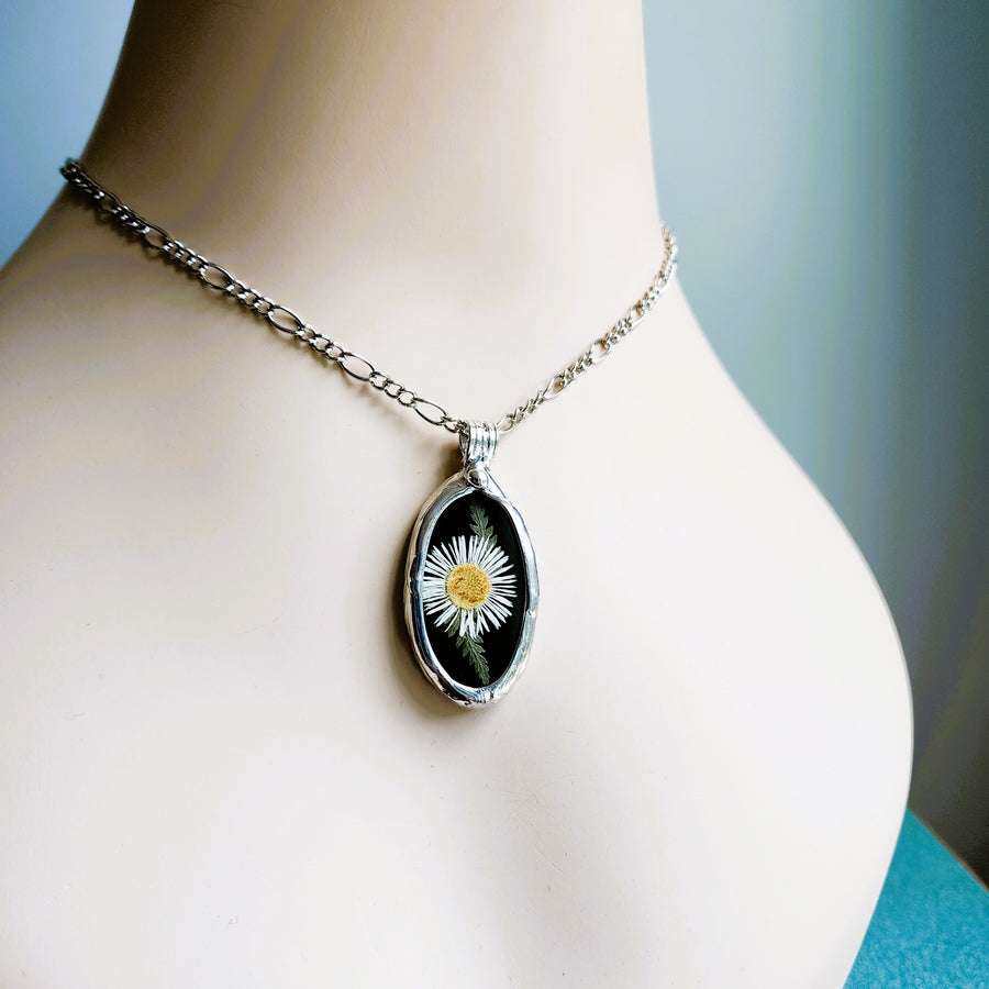 SOLD - Black Stained Glass with Tiny Daisy Pendant