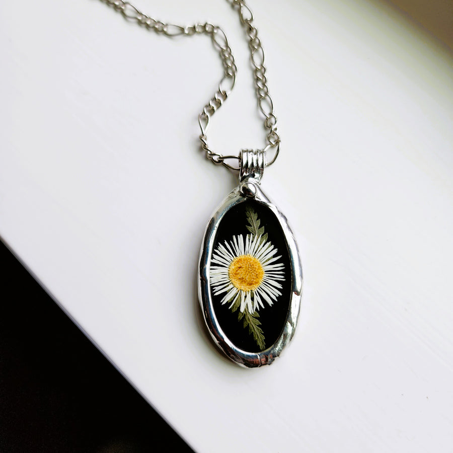 SOLD - Black Stained Glass with Tiny Daisy Pendant