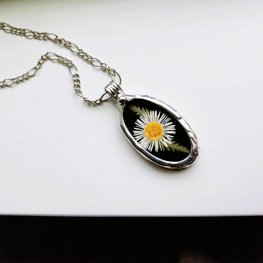 SOLD - Black Stained Glass with Tiny Daisy Pendant