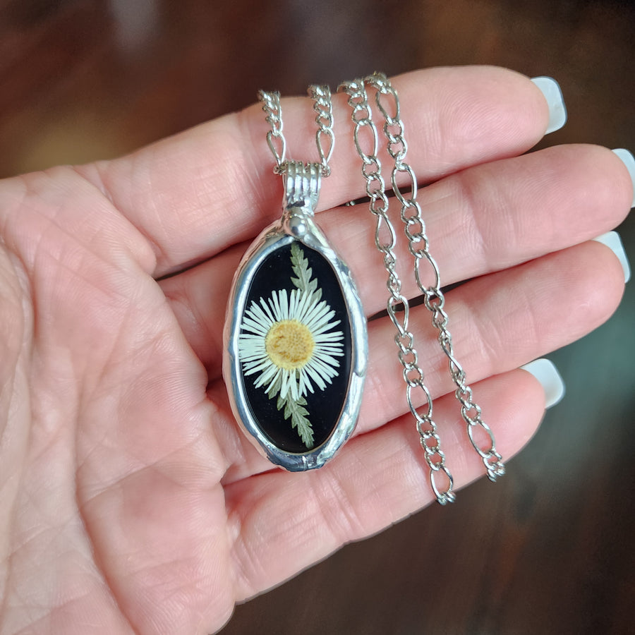 SOLD - Black Stained Glass with Tiny Daisy Pendant