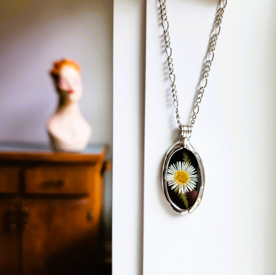 SOLD - Black Stained Glass with Tiny Daisy Pendant