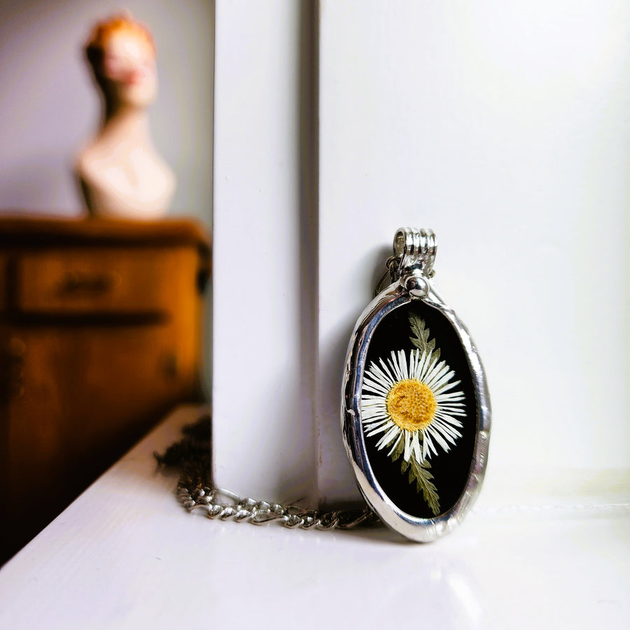 SOLD - Black Stained Glass with Tiny Daisy Pendant