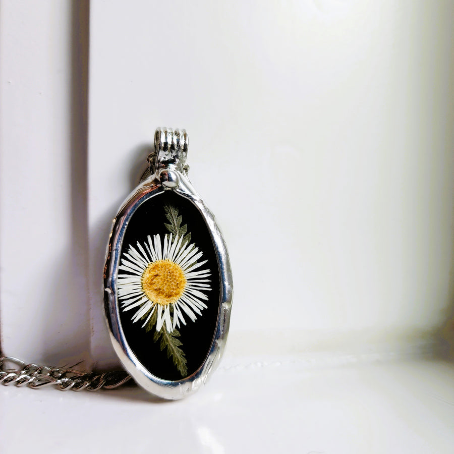 SOLD - Black Stained Glass with Tiny Daisy Pendant