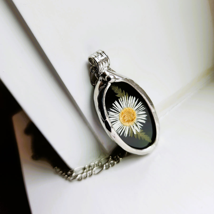 SOLD - Black Stained Glass with Tiny Daisy Pendant