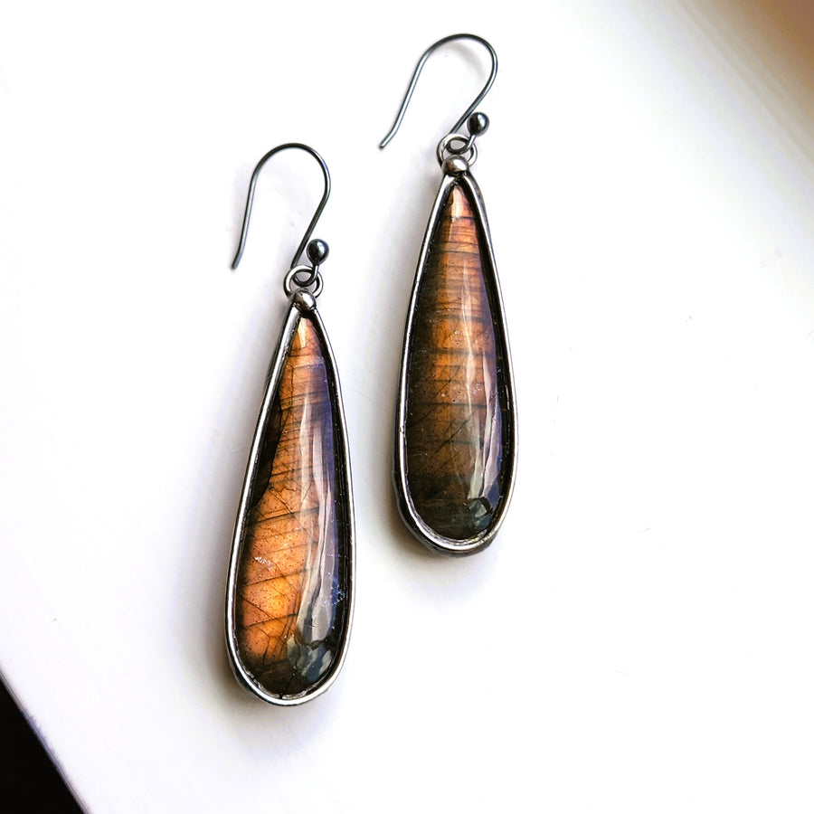SOLD - Long Pear Shaped Labradorite Earrings