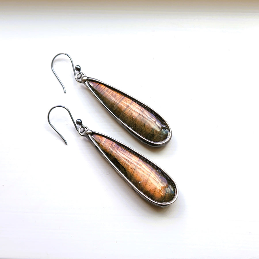 SOLD - Long Pear Shaped Labradorite Earrings