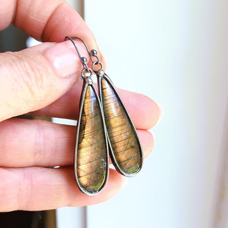 SOLD - Long Pear Shaped Labradorite Earrings