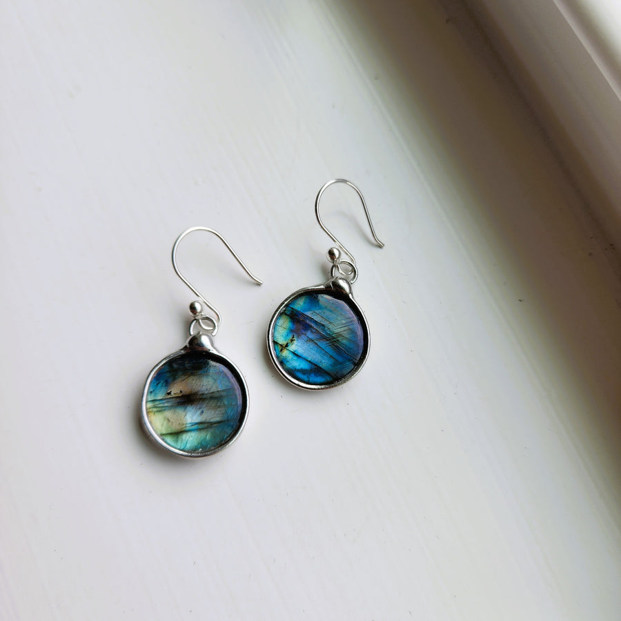 Small Round Blue Labradorite Drop Earrings