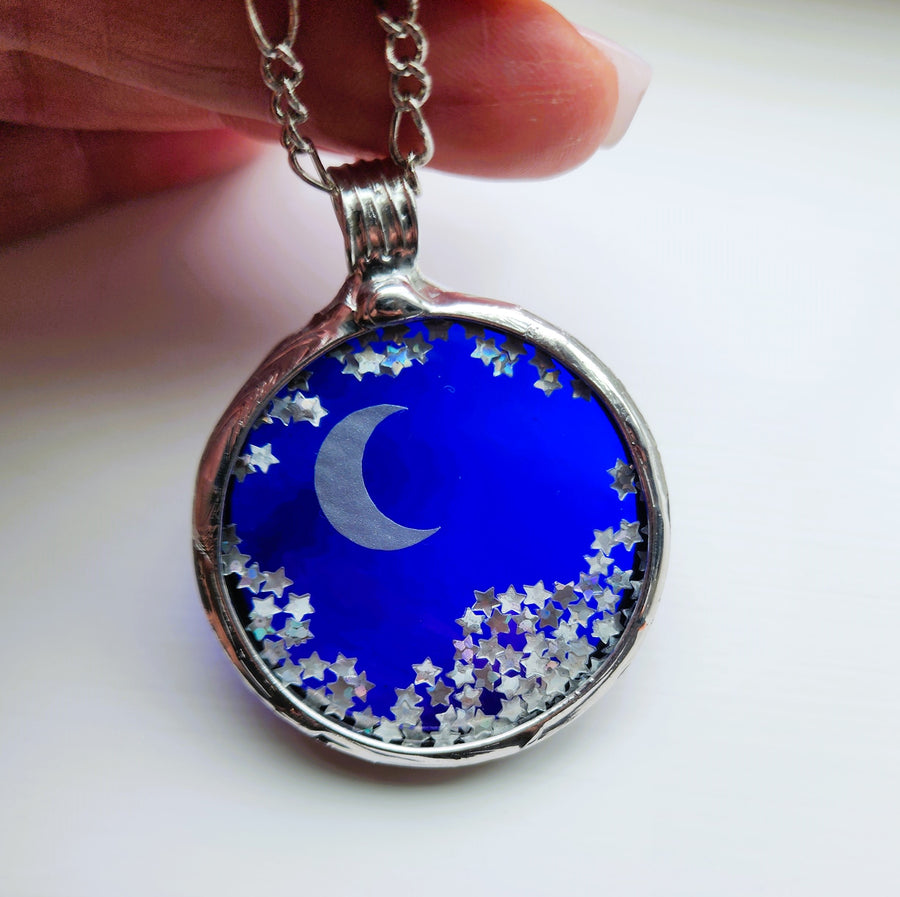 Fidget Pendant Necklace, Moon and Stars, Stained Glass Jewelry