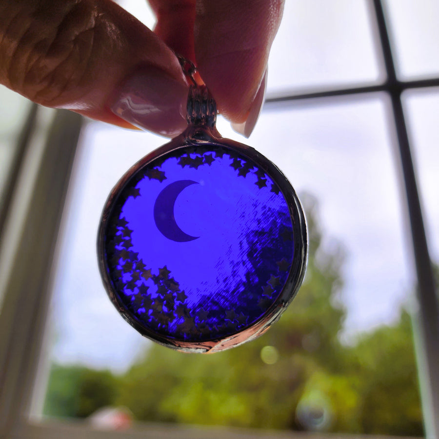 Fidget Pendant Necklace, Moon and Stars, Stained Glass Jewelry