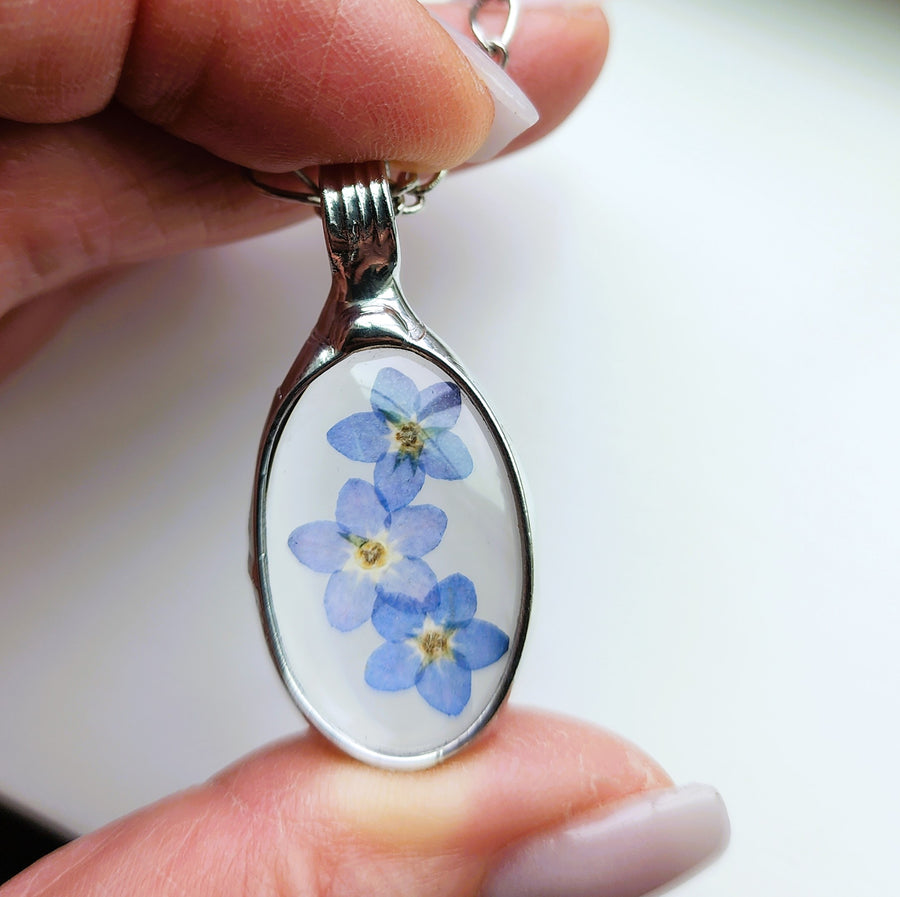 Real Pressed Forget Me Nots in Glass Pendant