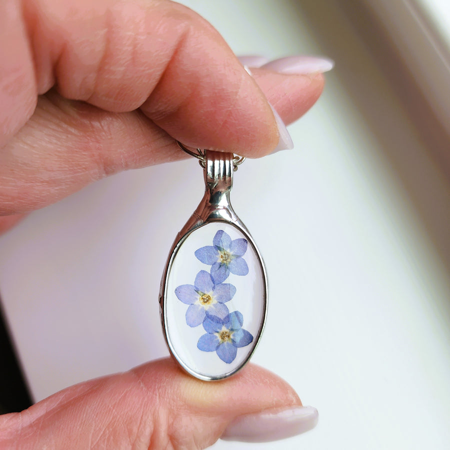 Real Pressed Forget Me Nots in Glass Pendant