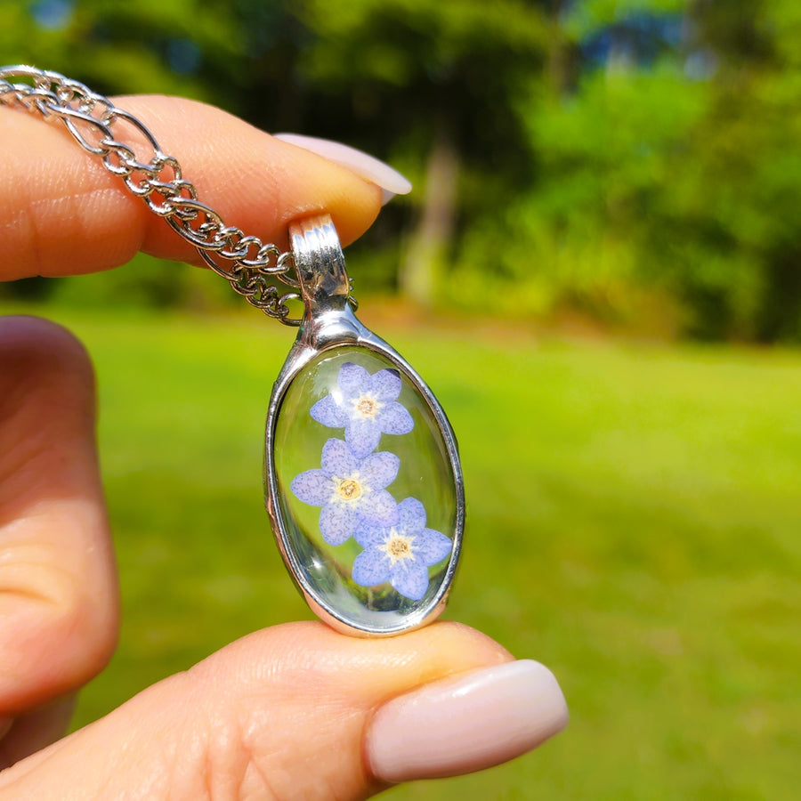 Real Pressed Forget Me Nots in Glass Pendant