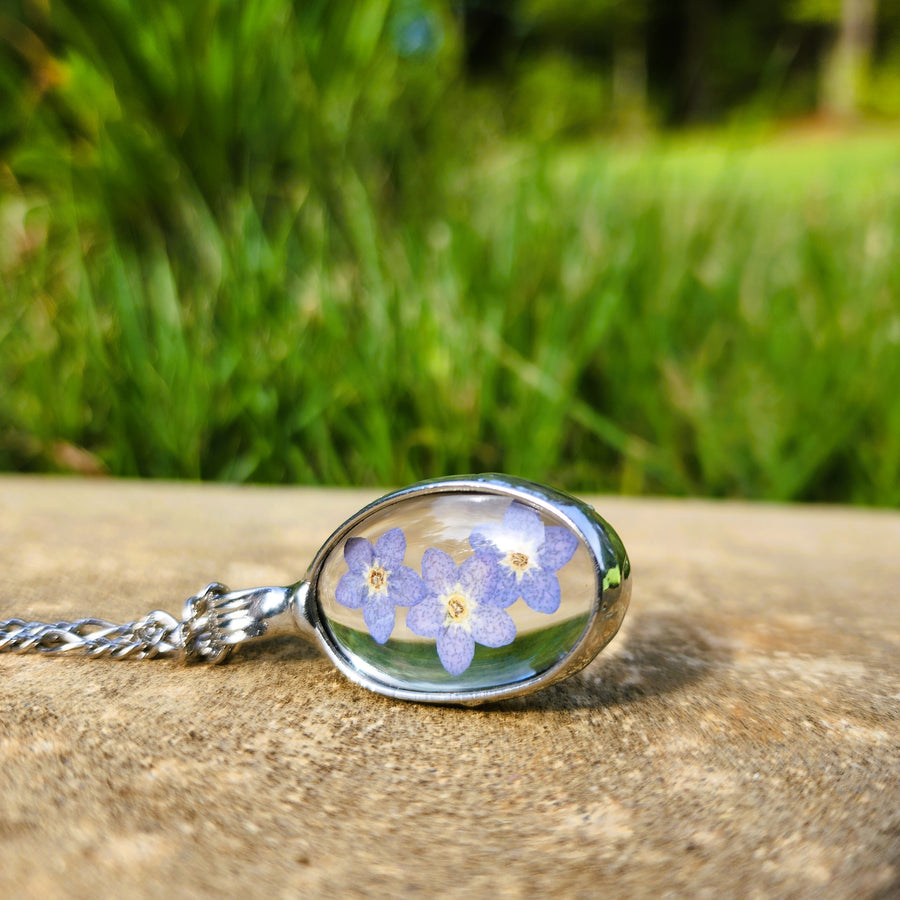 Real Pressed Forget Me Nots in Glass Pendant