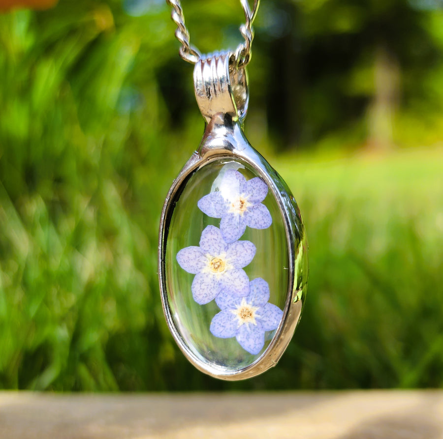 Real Pressed Forget Me Nots in Glass Pendant