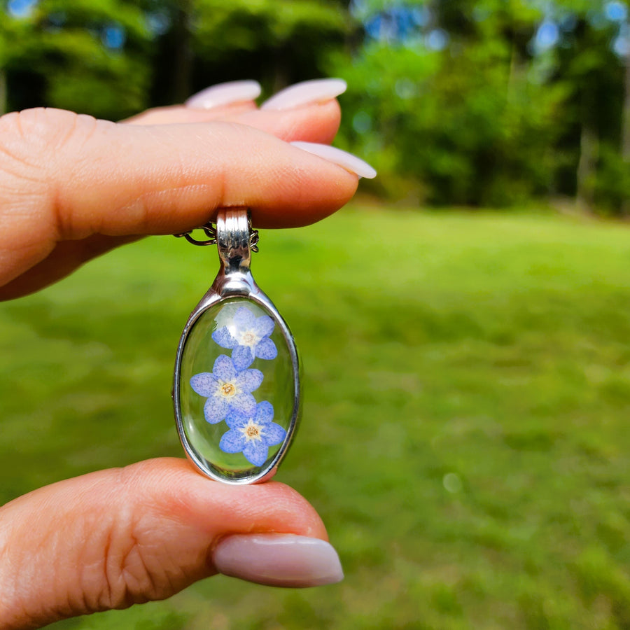 Real Pressed Forget Me Nots in Glass Pendant