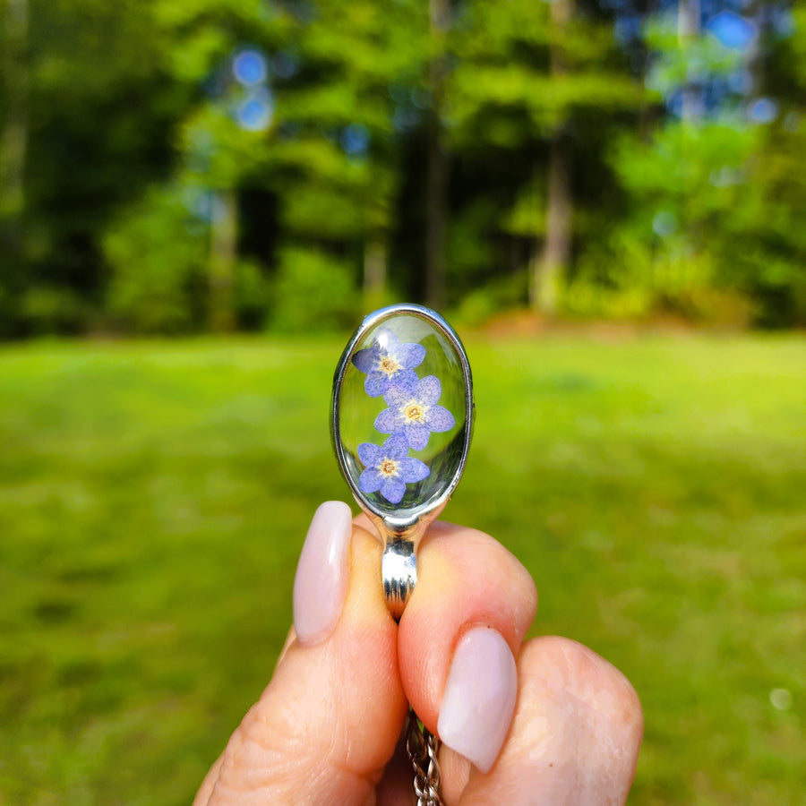 Real Pressed Forget Me Nots in Glass Pendant