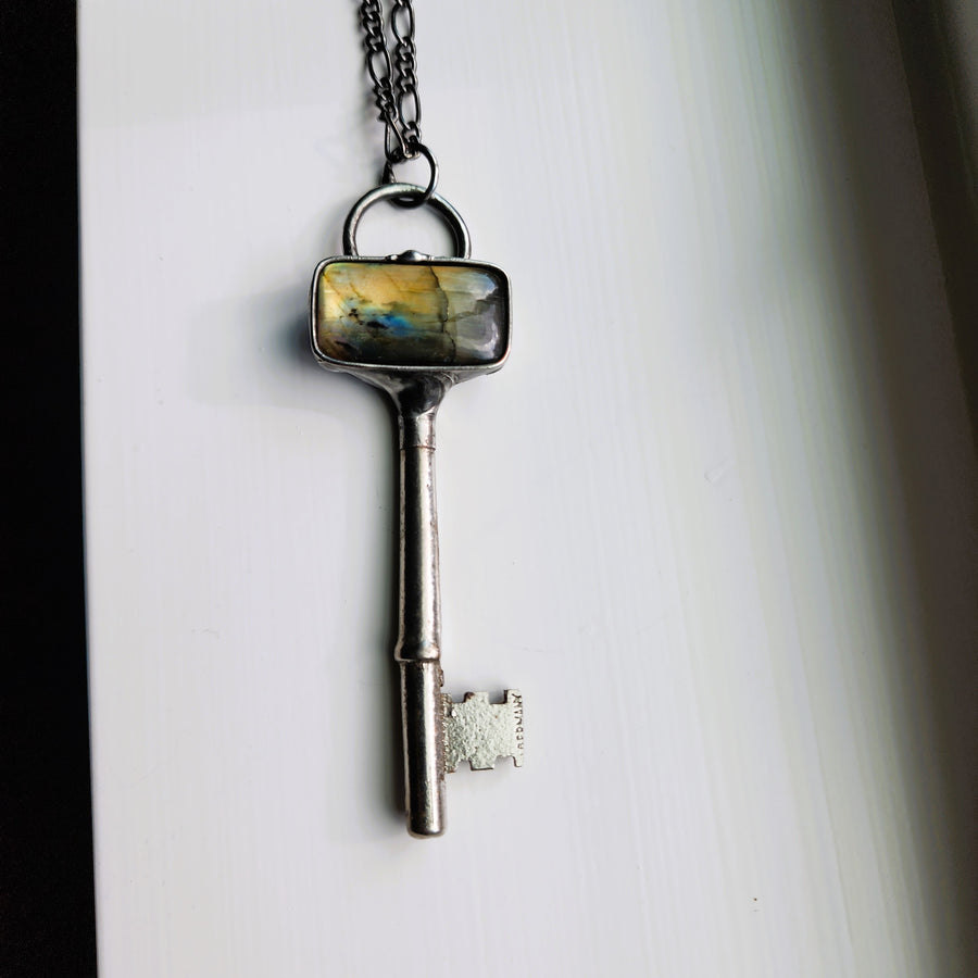 Antique, Repurposed Skeleton Key with Golden Labradorite Pendant - SOLD