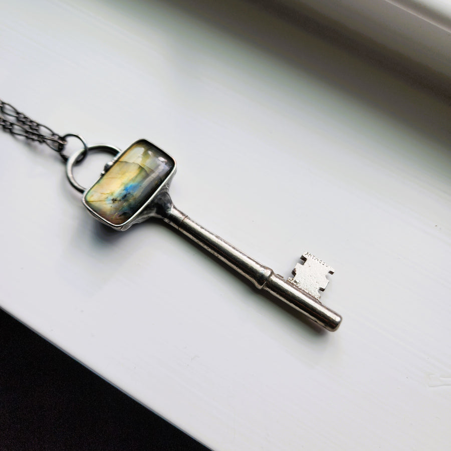 Antique, Repurposed Skeleton Key with Golden Labradorite Pendant - SOLD