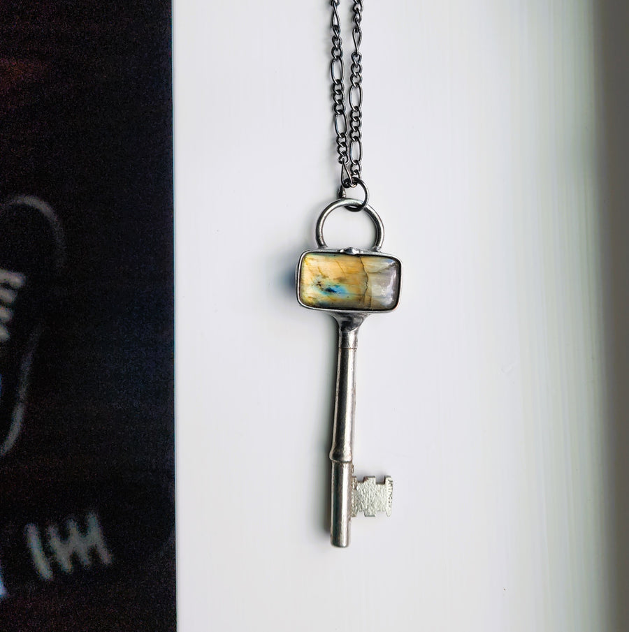 Antique, Repurposed Skeleton Key with Golden Labradorite Pendant - SOLD