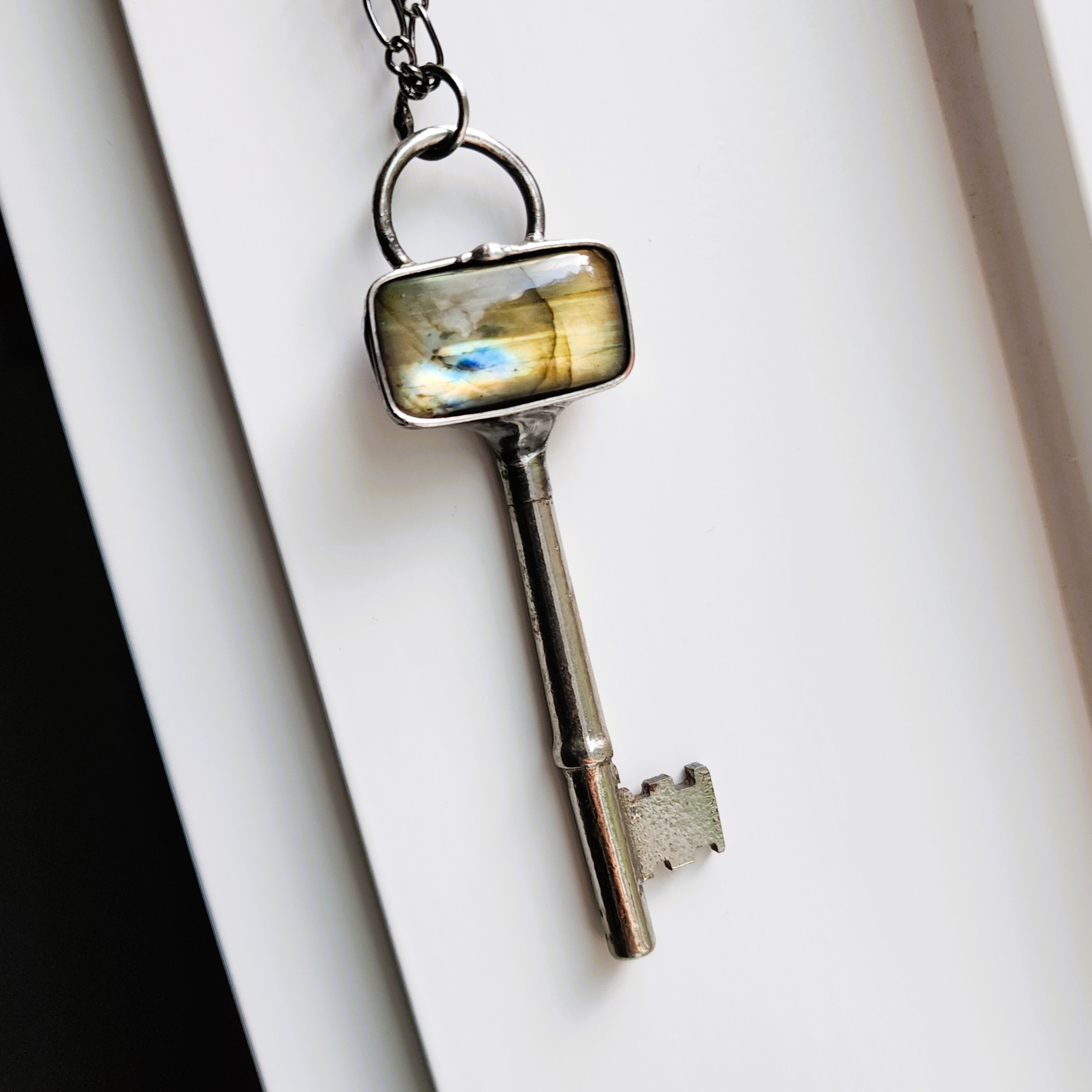 Handmade Antique Skeleton Key Labradorite Pendant | Bayou Glass Arts