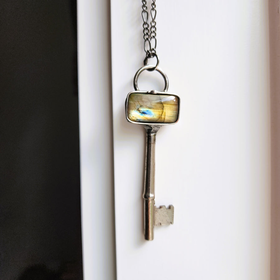 Antique, Repurposed Skeleton Key with Golden Labradorite Pendant - SOLD