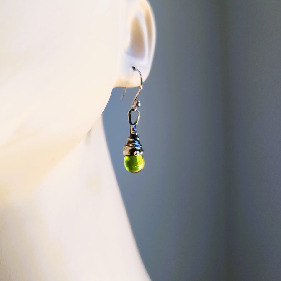 Green Drop Earrings, Hand Wired & Soldered