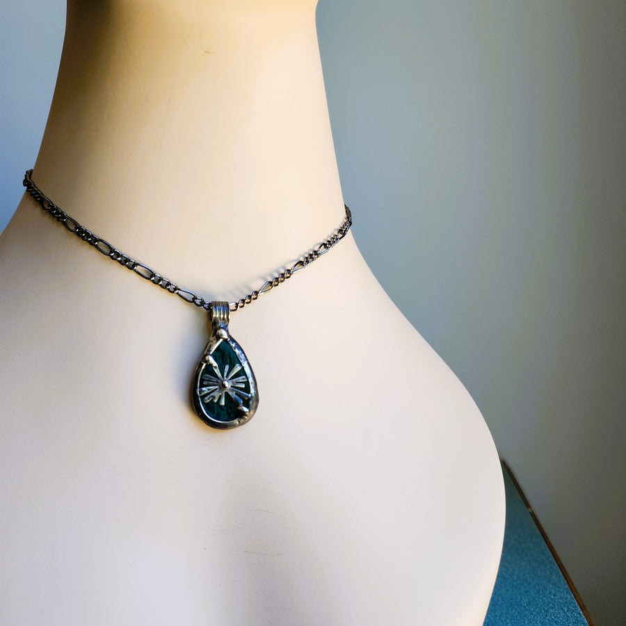 SOLD - Stained Glass Pendant, Peacock Glass with Starburst Overlay