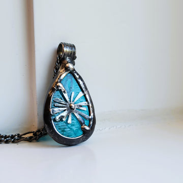 SOLD - Stained Glass Pendant, Peacock Glass with Starburst Overlay