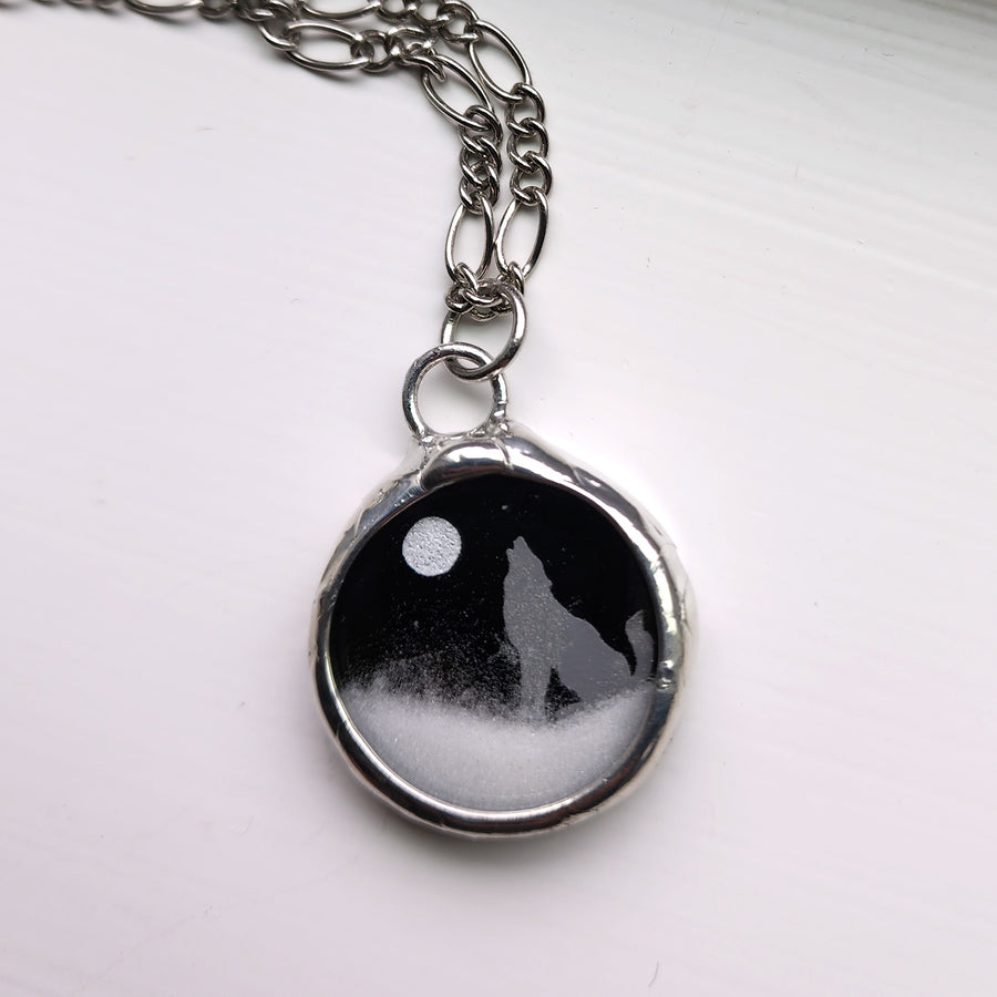 Howling Wolf Full Moon Snow Globe Pendant