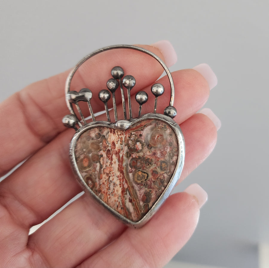 SOLD - Leopard Skin Jasper Heart Pendant, Claddagh Heart