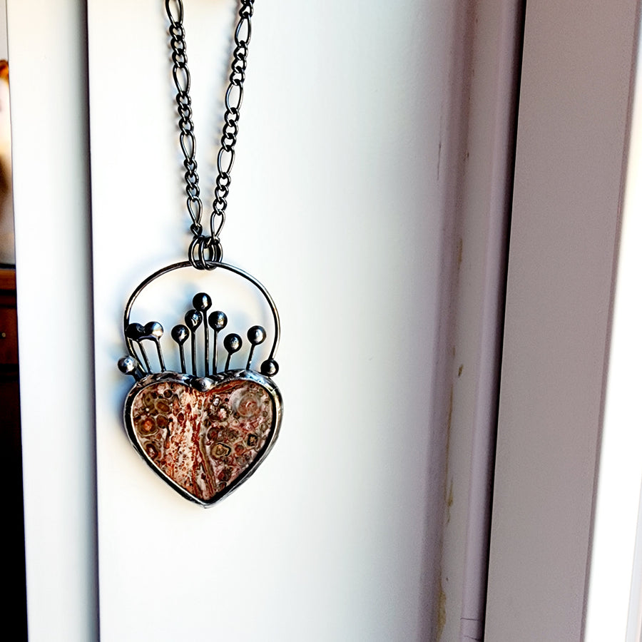SOLD - Leopard Skin Jasper Heart Pendant, Claddagh Heart