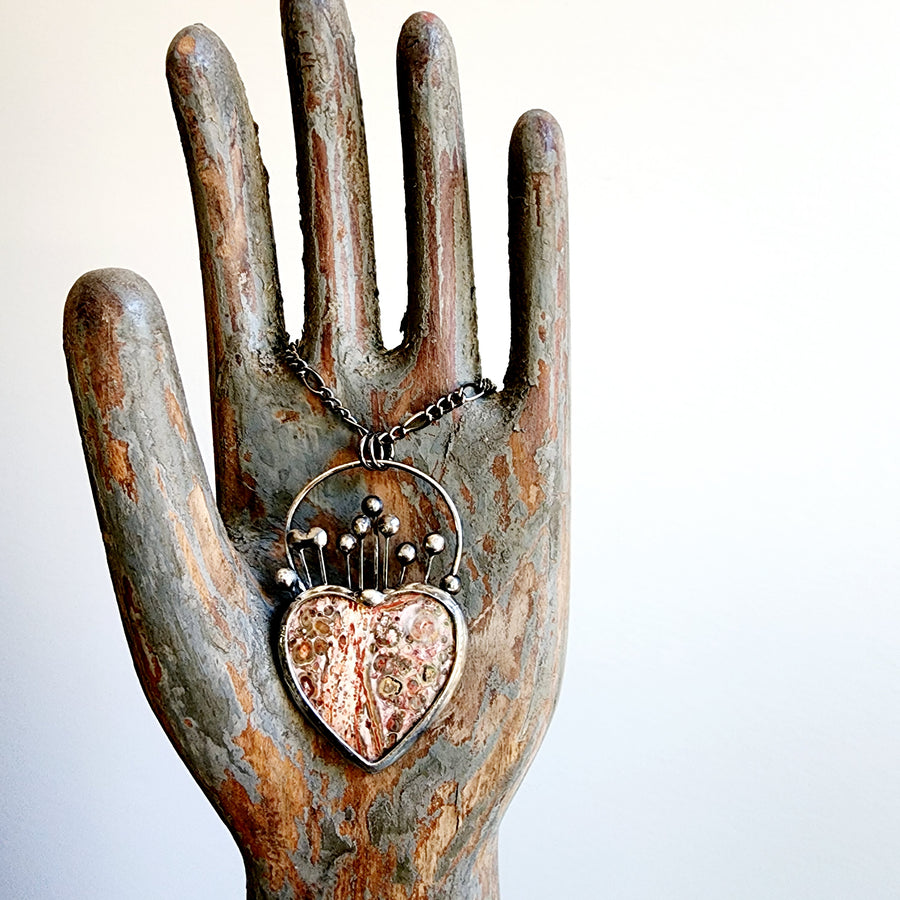 SOLD - Leopard Skin Jasper Heart Pendant, Claddagh Heart