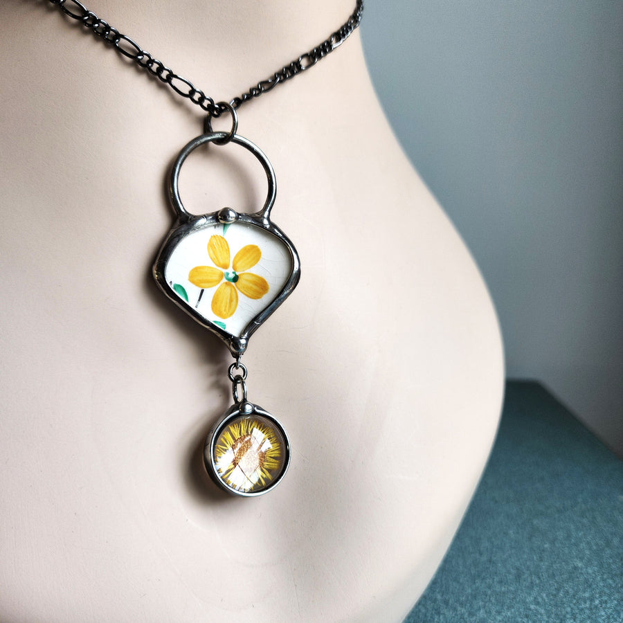 Broken China Pendant, Long Necklace for Women