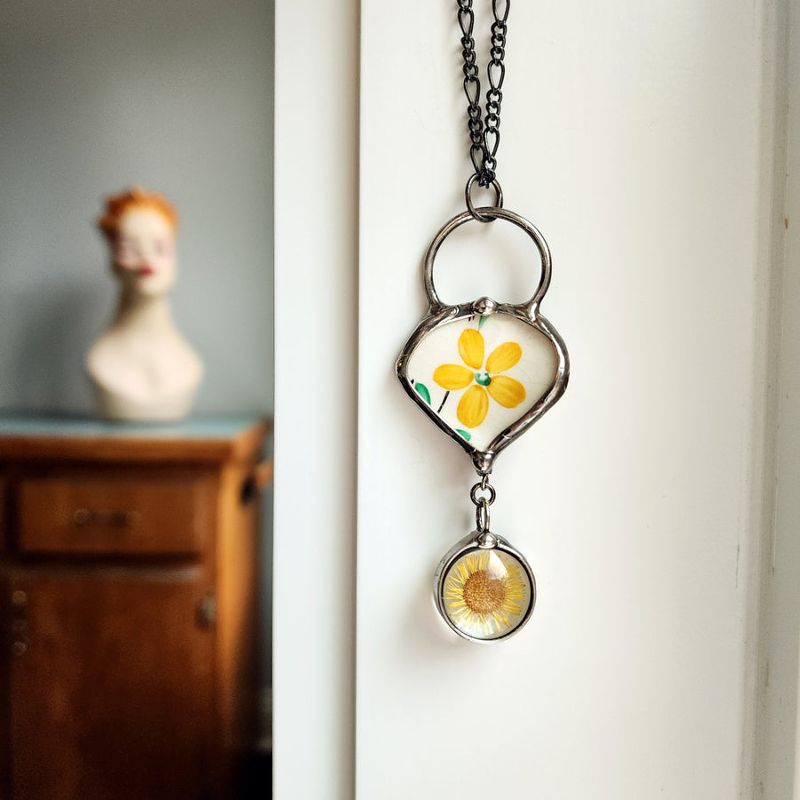 Broken China Pendant, Long Necklace for Women