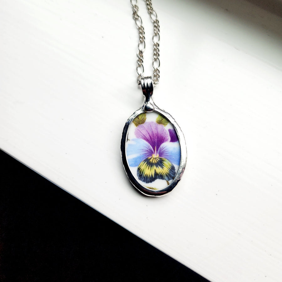 Pansy Flowers Pendant from Recycled China Plate