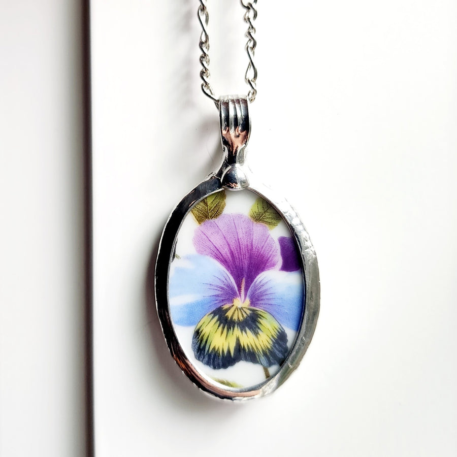 Pansy Flowers Pendant from Recycled China Plate