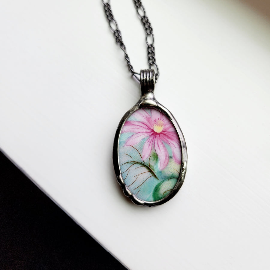 Tropical Floral, Repurposed China Pendant