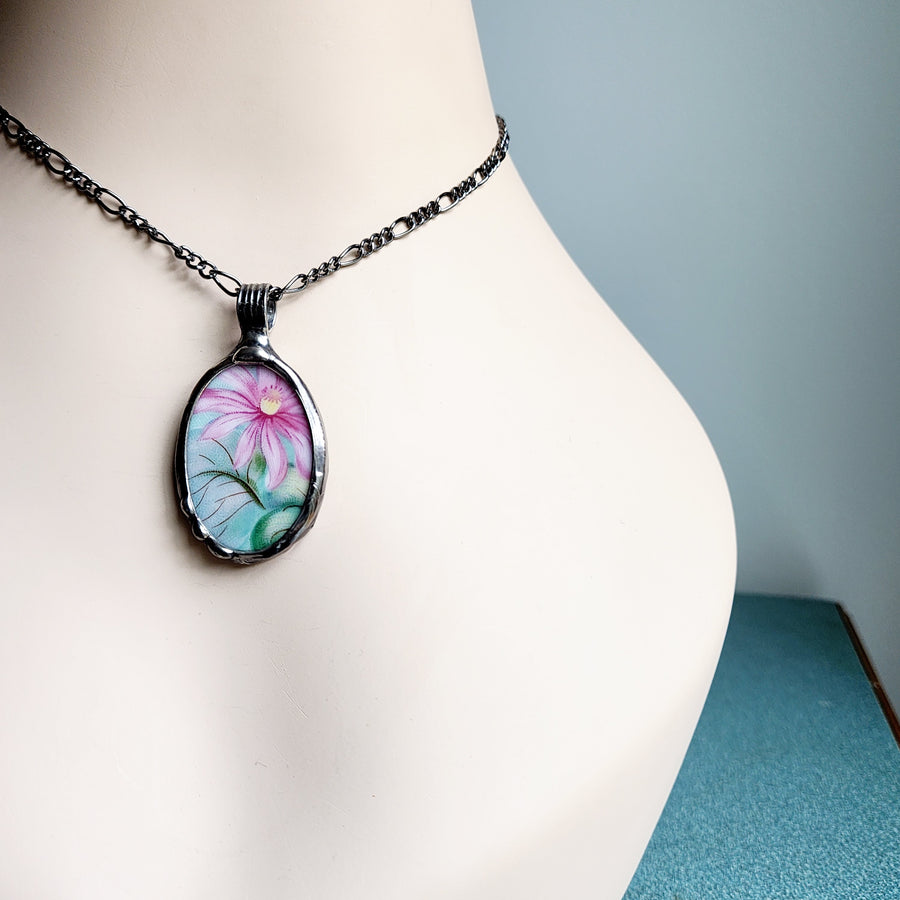Tropical Floral, Repurposed China Pendant