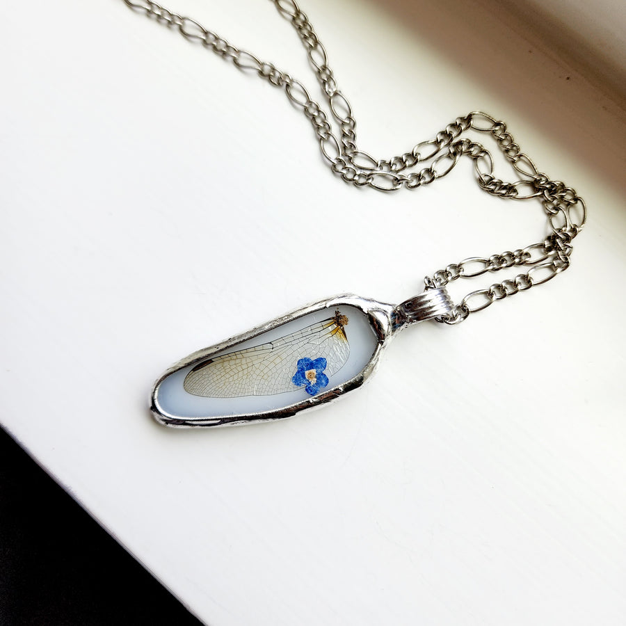 Stained Glass Jewelry, Real Dragonfly Wing & Forget Me Not