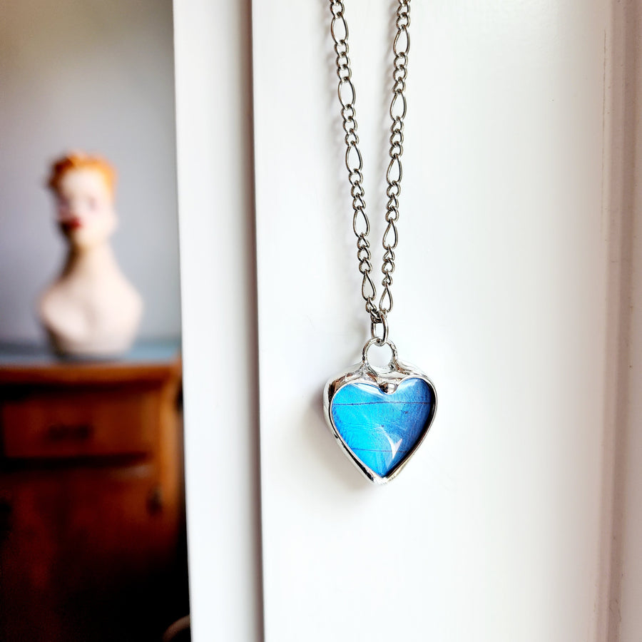 Blue Morpho Butterfly Wing Heart Pendant, Ethically Sourced