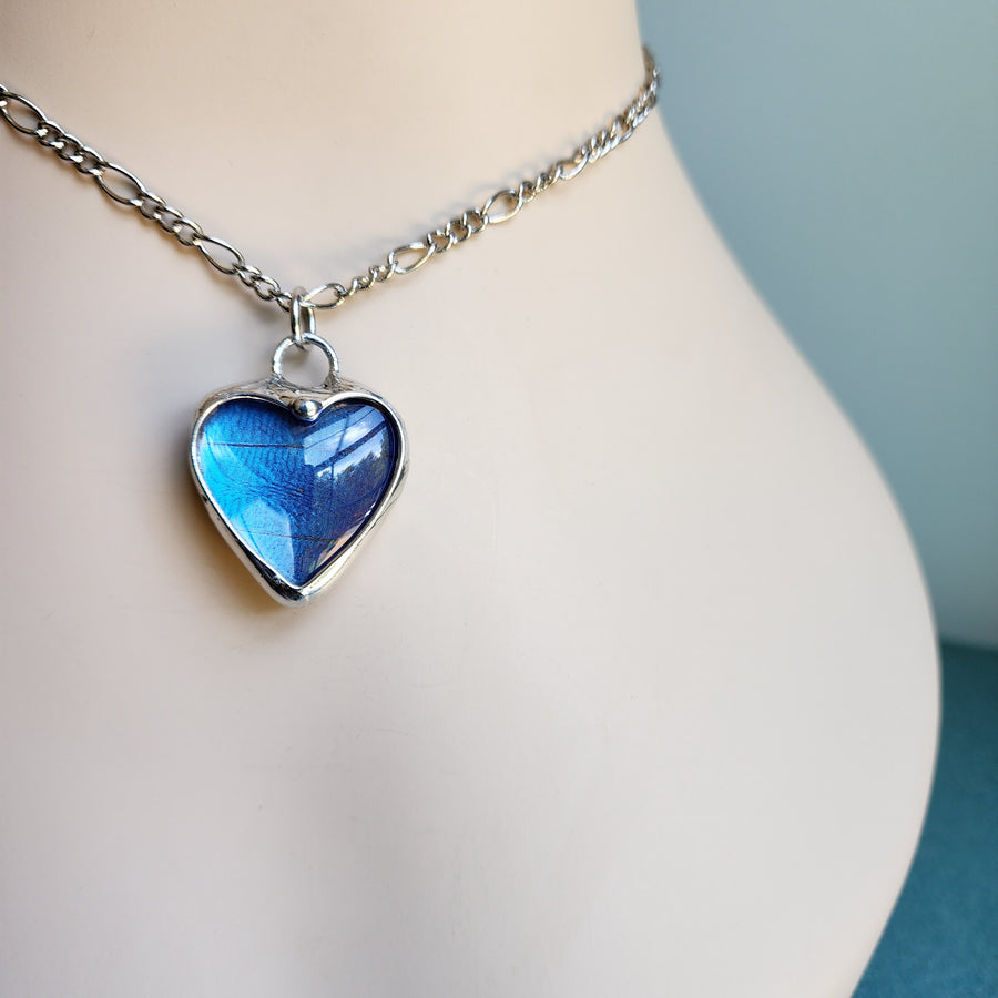 Blue Morpho Butterfly Wing Heart Pendant, Ethically Sourced