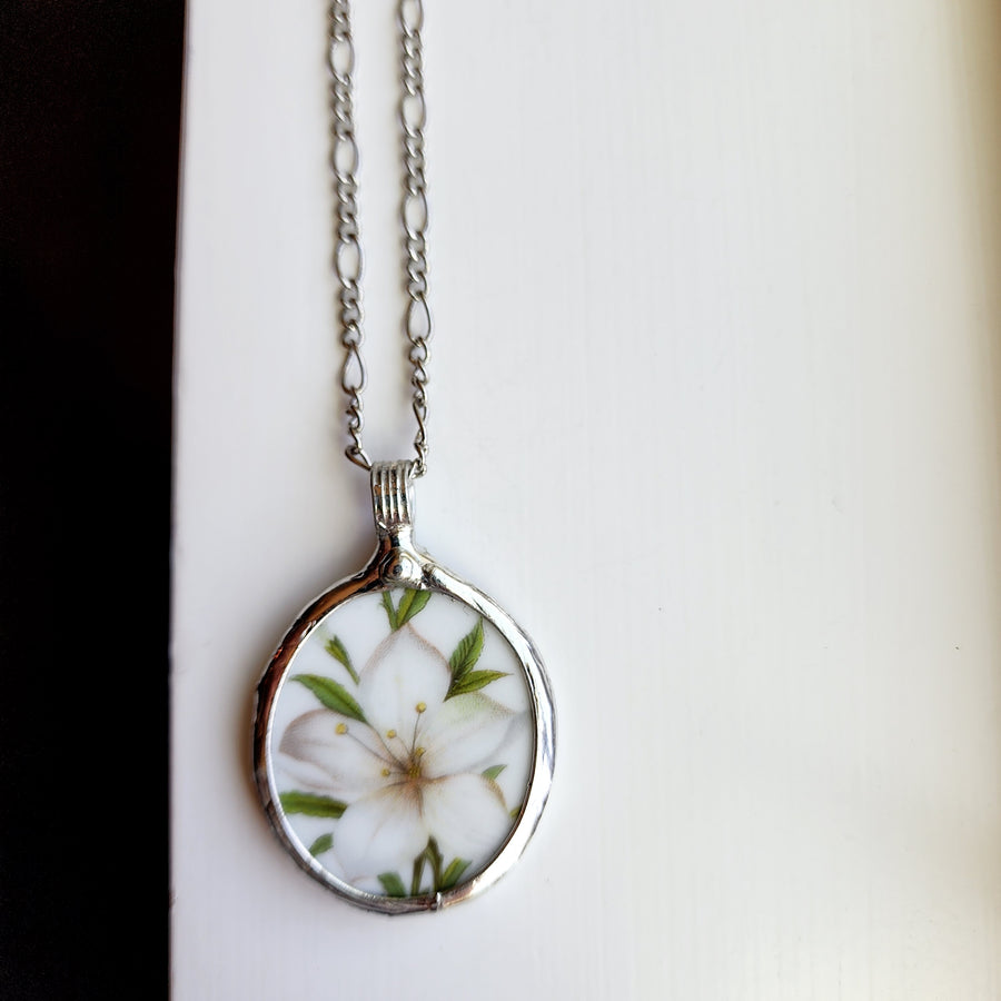 White Lily Repurposed China Pendant