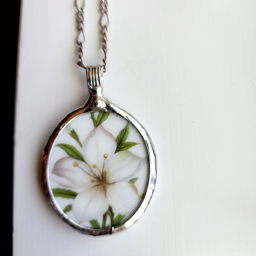 White Lily Repurposed China Pendant