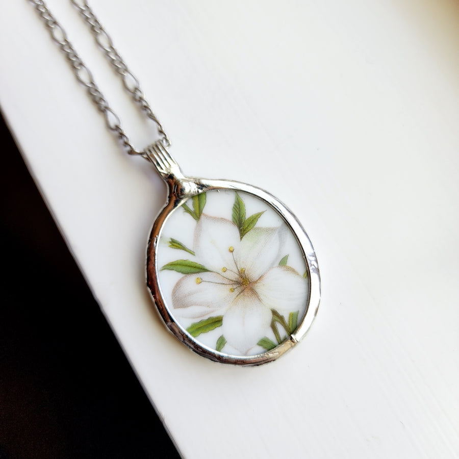 White Lily Repurposed China Pendant